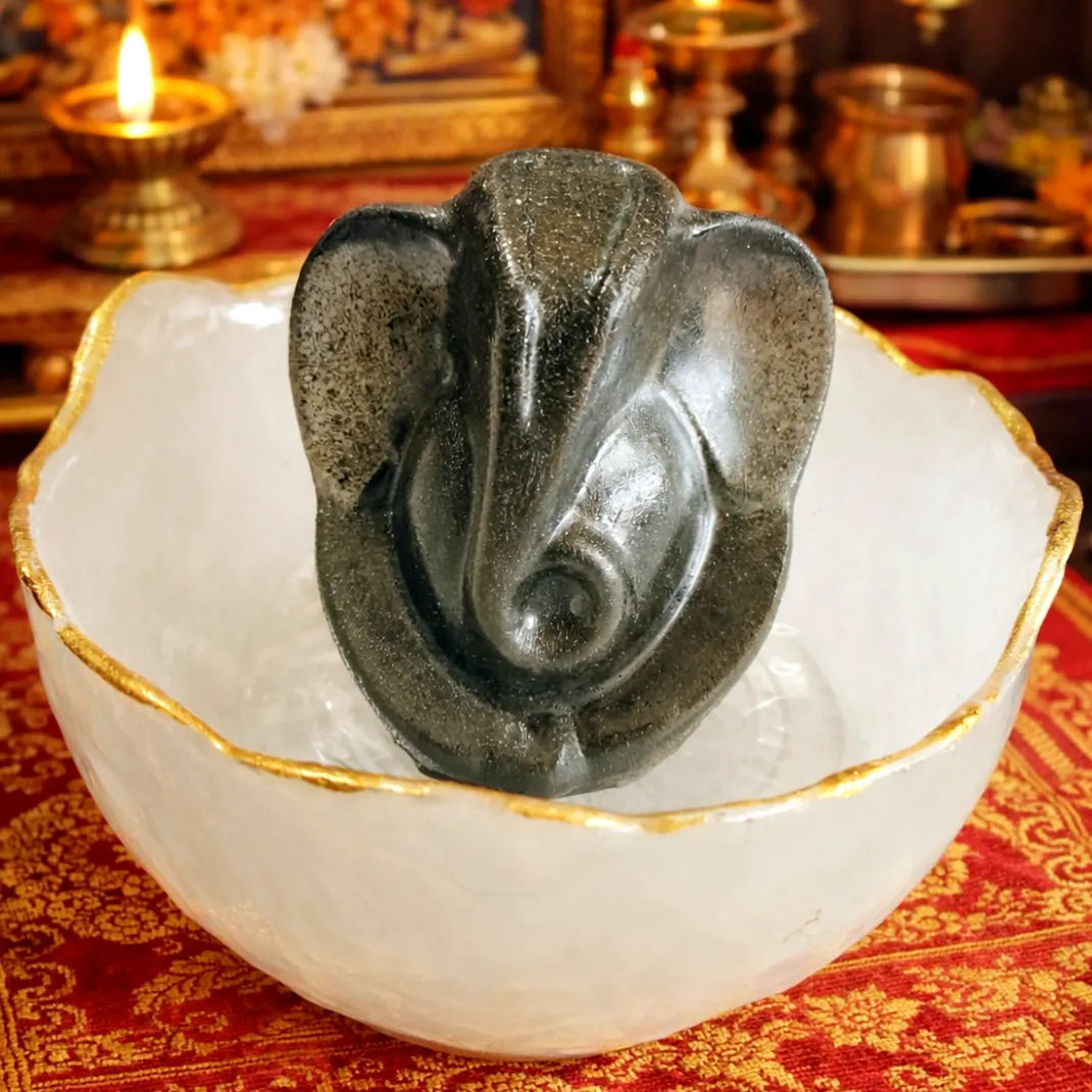 Selenite Bowl With Pryrite-Resin mixed Ganesha Murti